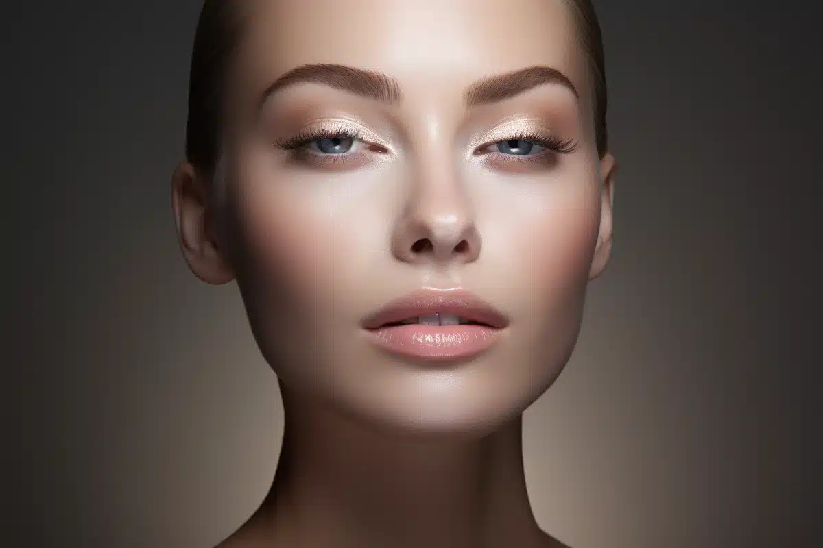 Une photo hyperréaliste captivant le charme envoutant d'une technique de maquillage sublimant le menton, pour une apparence plus raffinée et sculptée.