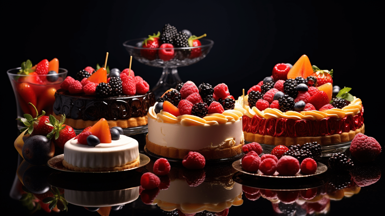 Assortiment de desserts festifs légers : mousse veloutée, tarte aux fruits artisanale, une invitation gourmande.