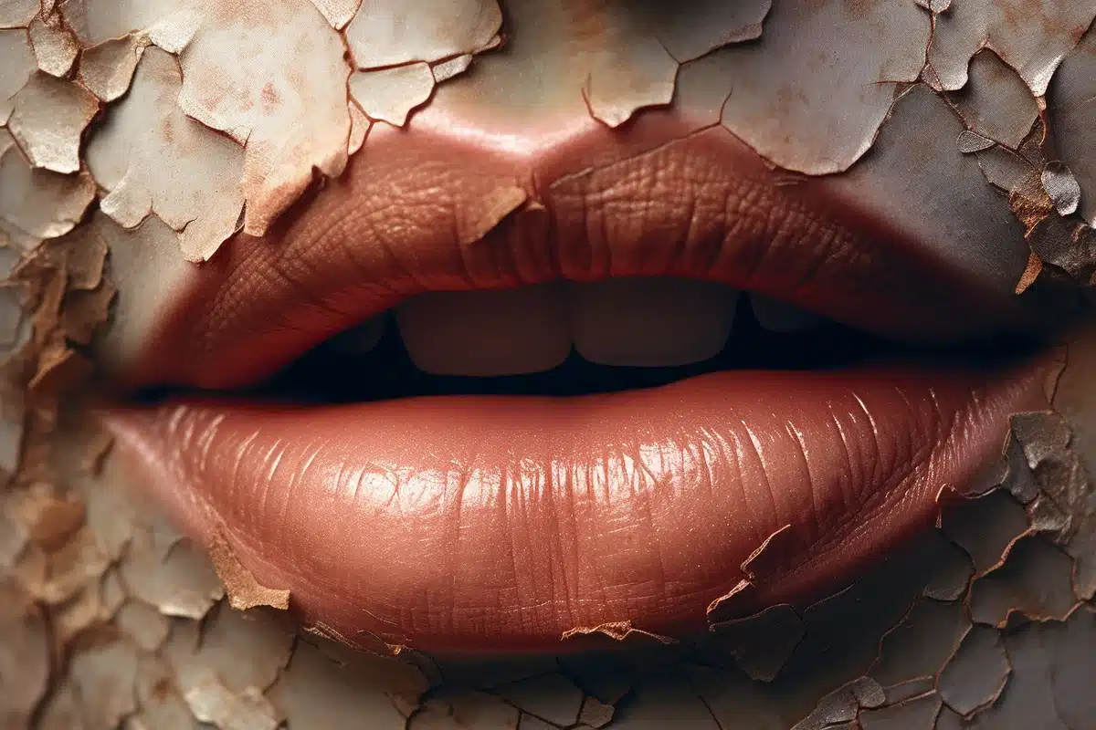 Une photo hyper réaliste captivante des lèvres gercées, rappelant la beauté de nos imperfections.