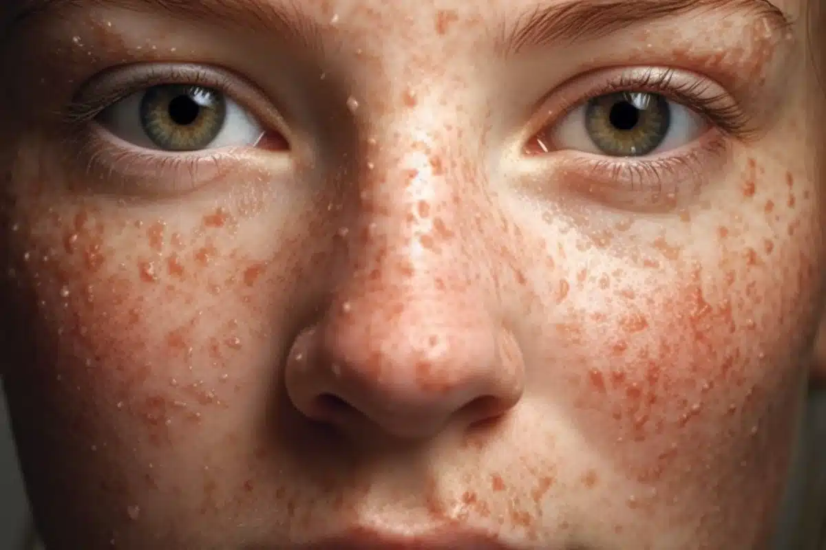 Photographie hyperréaliste magnifiant la bataille contre l'acné, dévoilant chaque imperfection de la peau.
