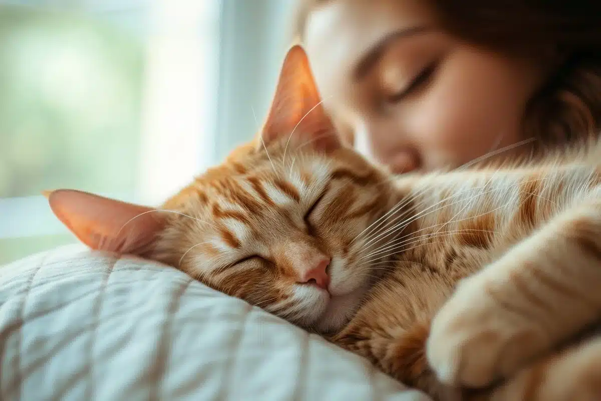 Photographie hyperréaliste captivante d'un chat dormant paisiblement sur son propriétaire.