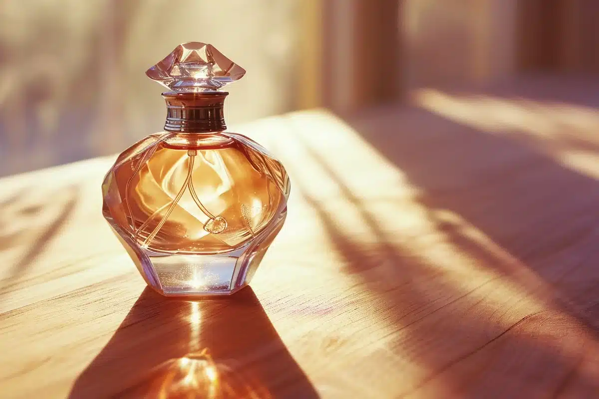Une photographie hyper réaliste d'anciens flacons de parfum, évoquant une élégance intemporelle.