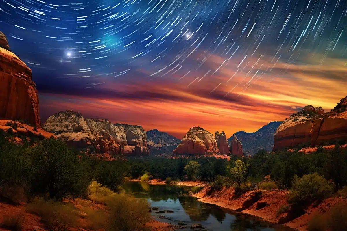 Une photographie captivante et réaliste qui célèbre l'astronomie avec un ciel étoilé, des planètes éclatantes et une pluie de météores lumineux.