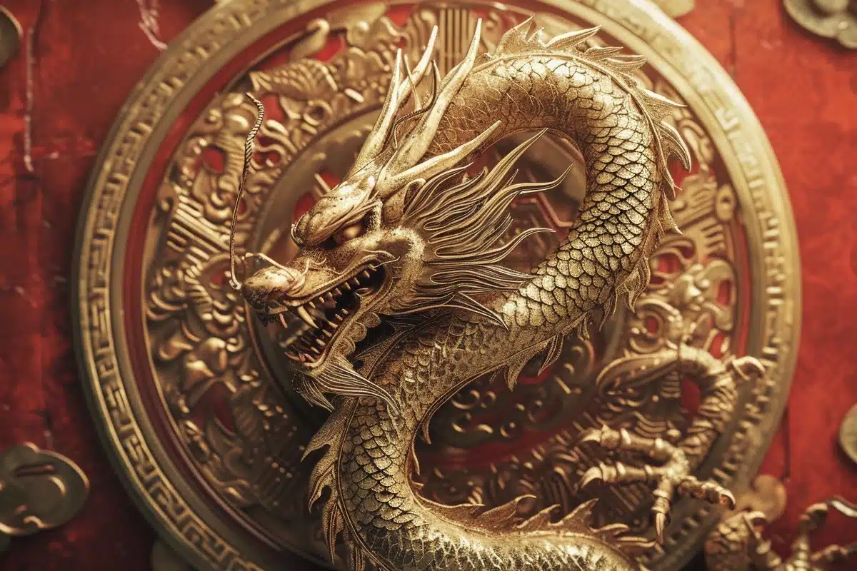 Photographie hyper réaliste des signes du zodiaque chinois de 2024, symbolisant la prospérité et la victoire.