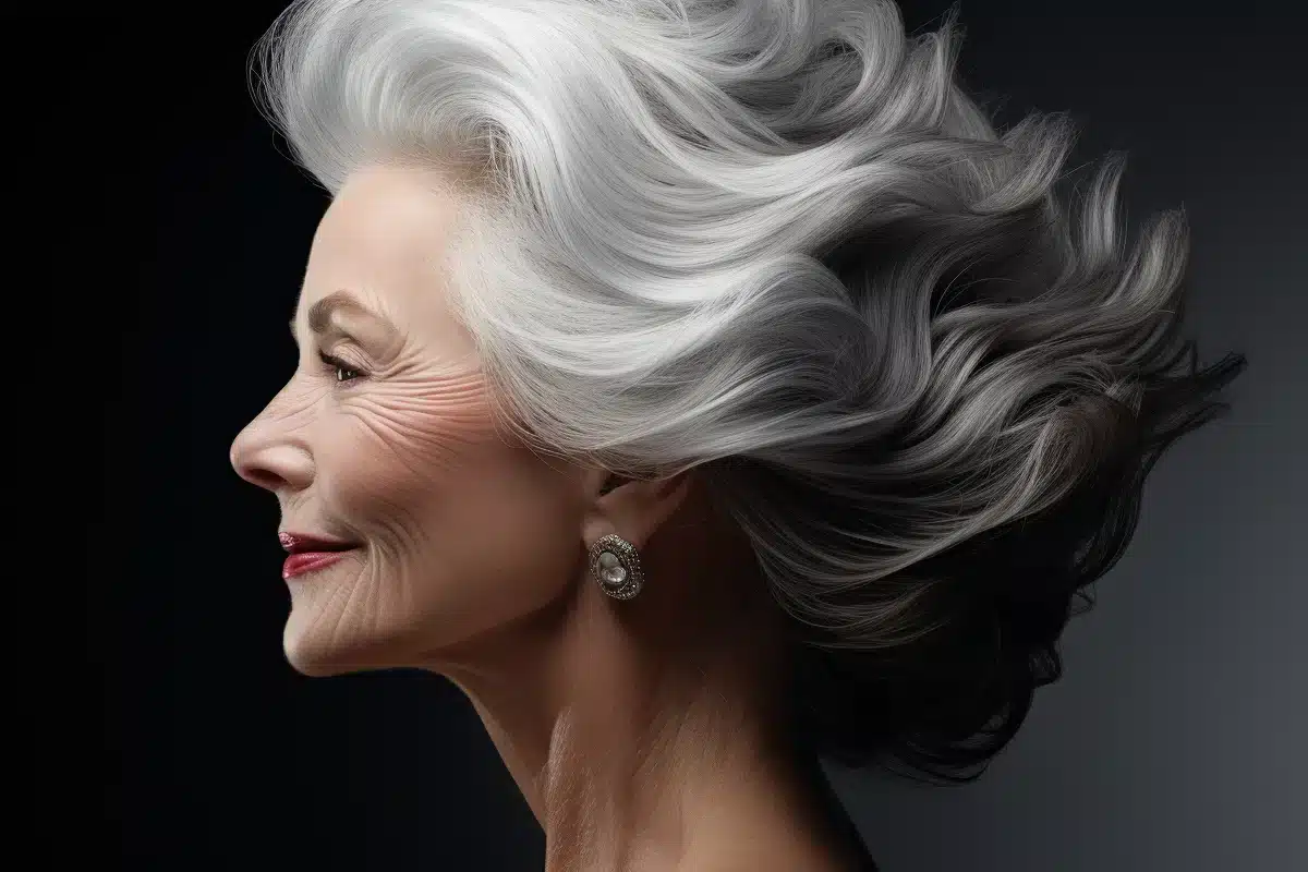 Photographie d'une femme de 70 ans avec une coiffure parfaite et élégante, mettant en valeur sa beauté intemporelle.
