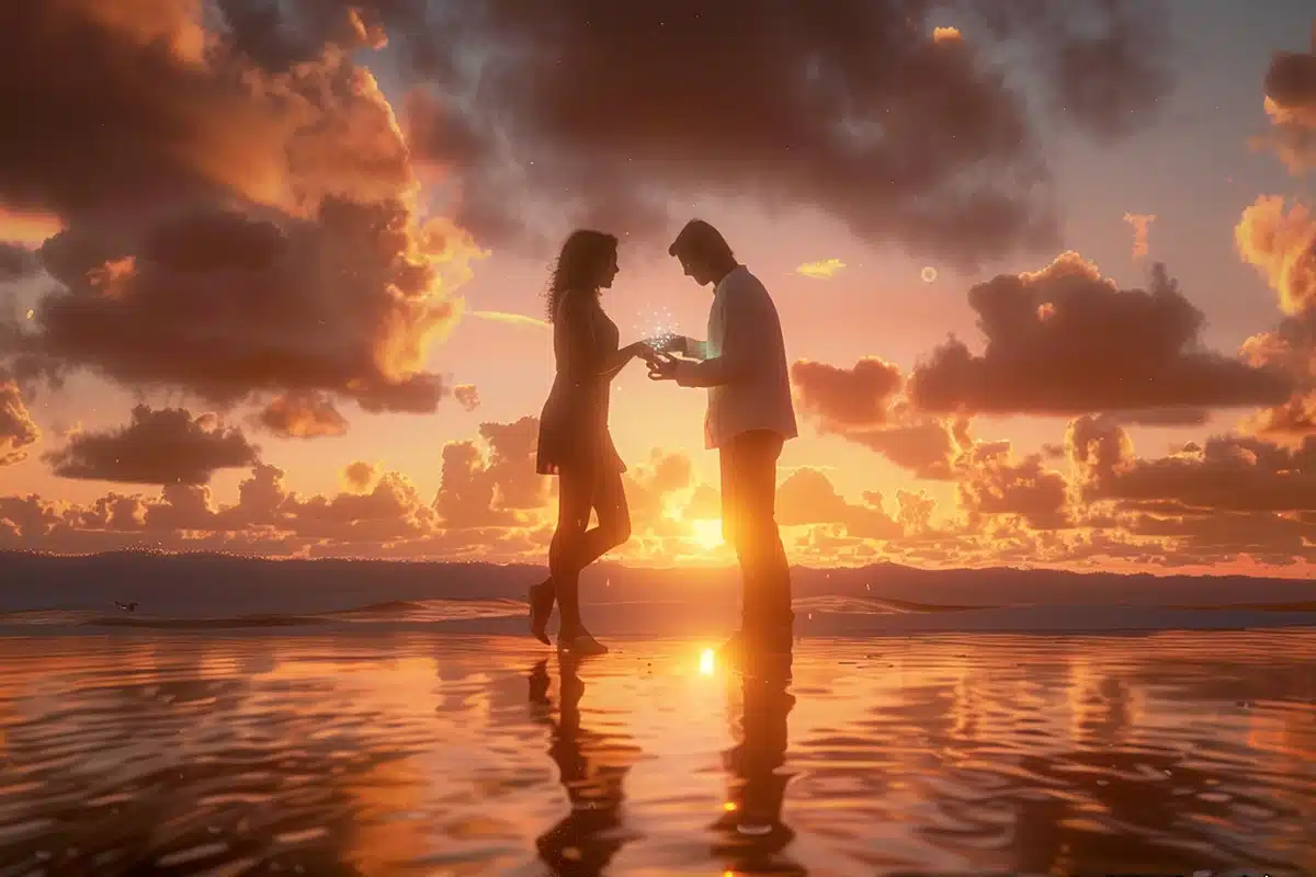 Photographie hyper réaliste d'une demande de mariage romantique au coucher du soleil sur la plage.