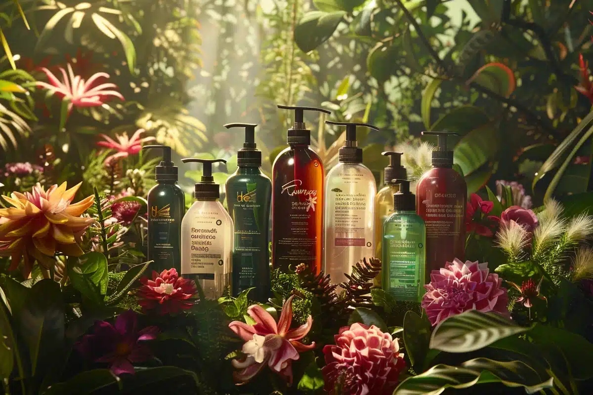Une sélection captivante de shampoings luxueux parmi des végétaux luxuriants.
