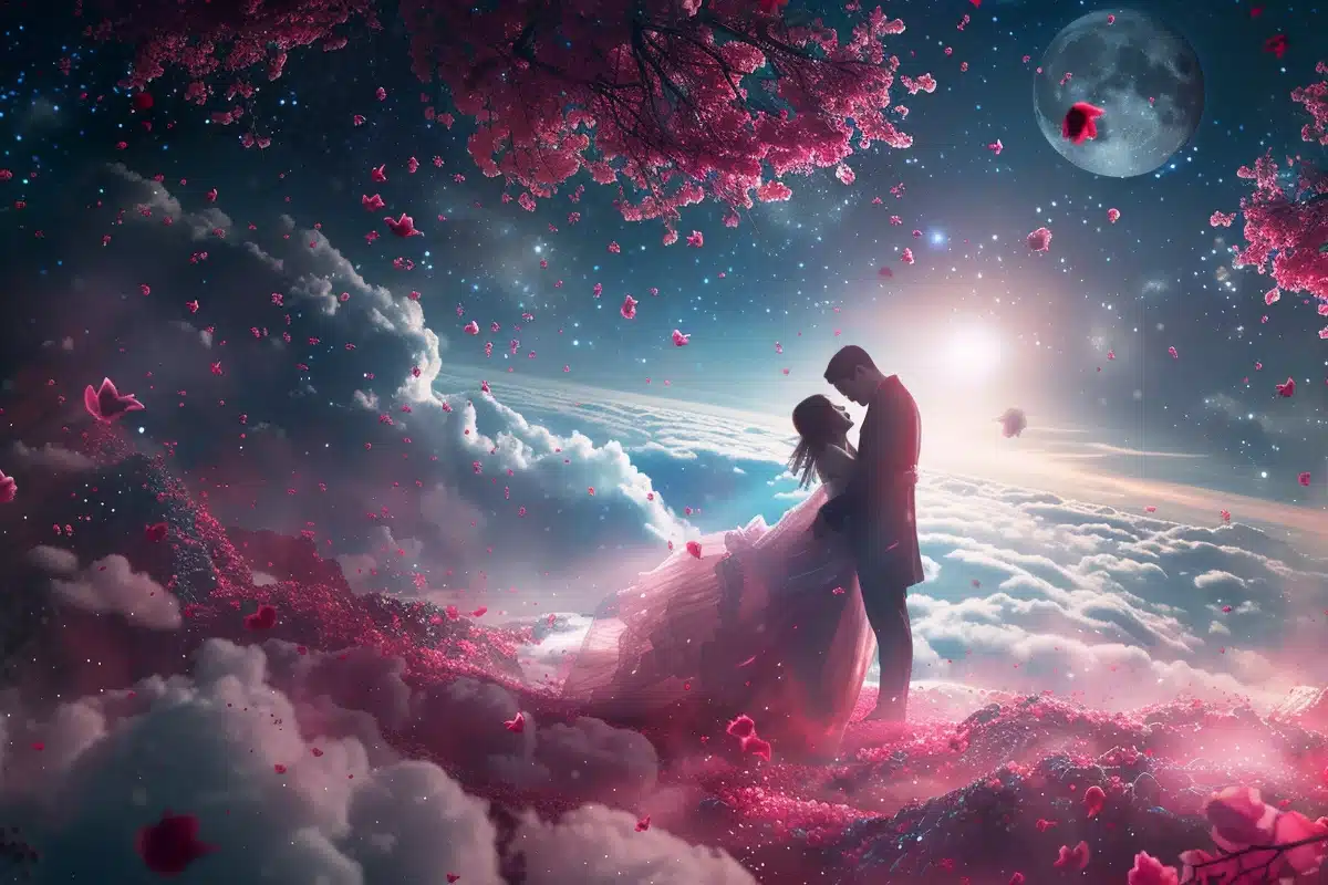 Deux amoureux s'embrassent passionnément sous un ciel étoilé le jour de la Saint-Valentin 2024.