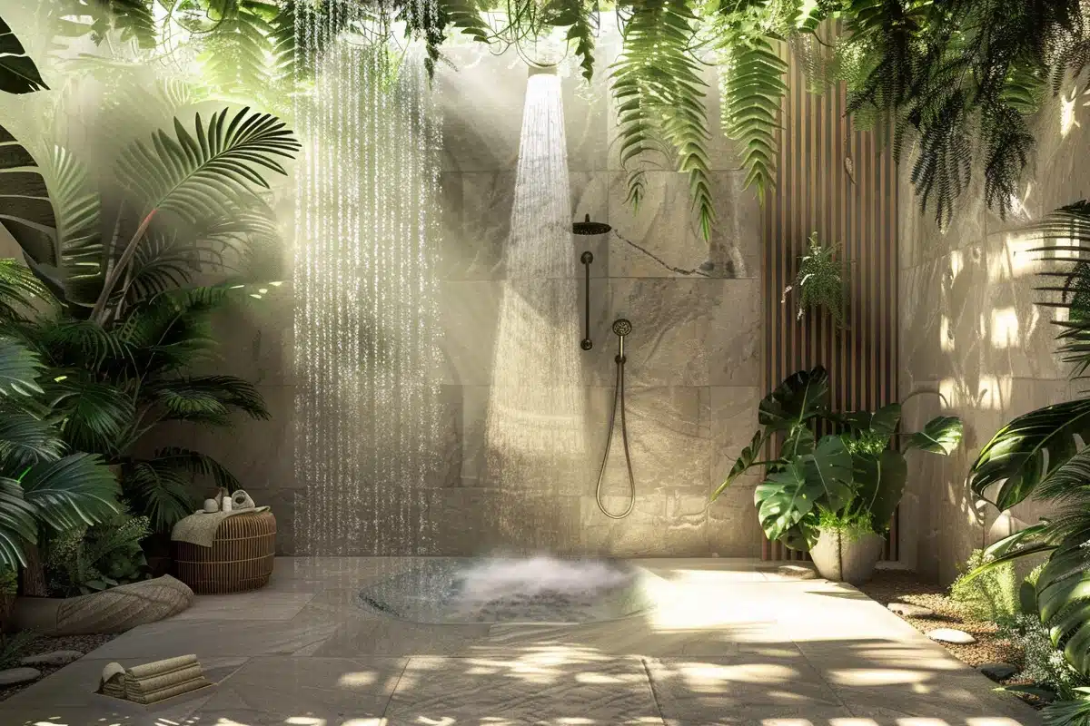 Fréquence idéale de douche recommandée par un dermatologue dans une ambiance luxueuse et sereine.