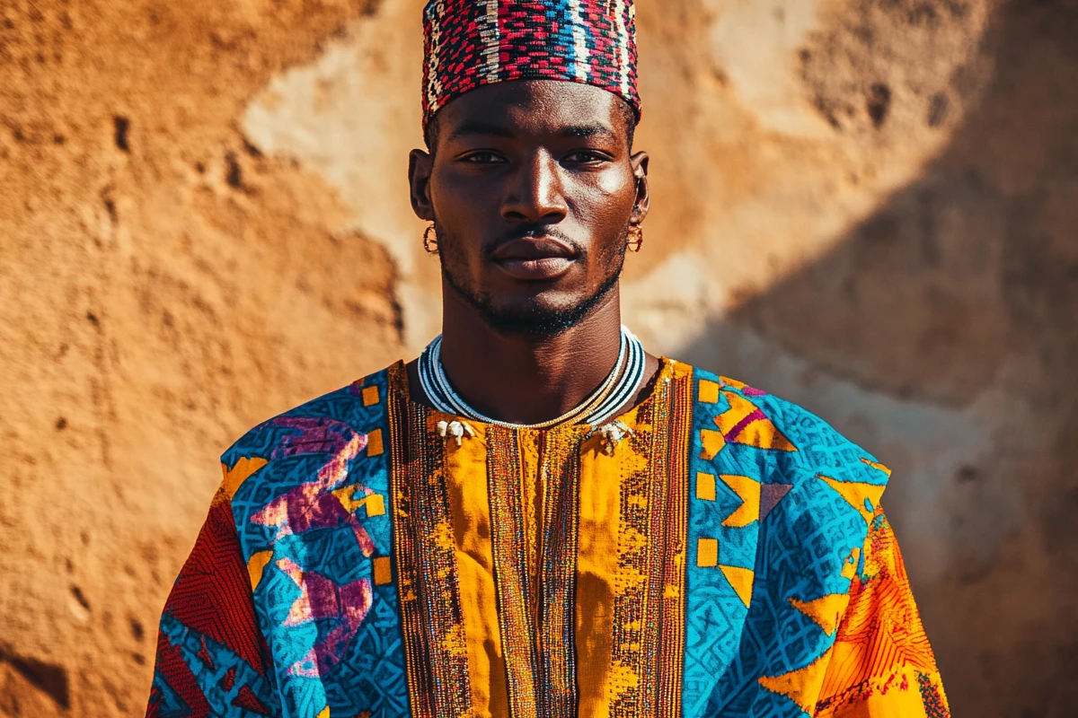 A portrait of a man wearing a traditional African boubou with vibrant colors and intricate geometric patterns. He stands calmly, facing the camera, in a minimalist setting that highlights his attire. Shot with a Canon EOS R5, 50mm f/1.8 lens, using soft, diffused natural light; aperture f/1.8, shutter speed 1/125 sec, ISO 100, shallow depth of field for subtle background bokeh, sharp and realistic rendering, warm tones, rich textures, and a contemporary fashion photography aesthetic.