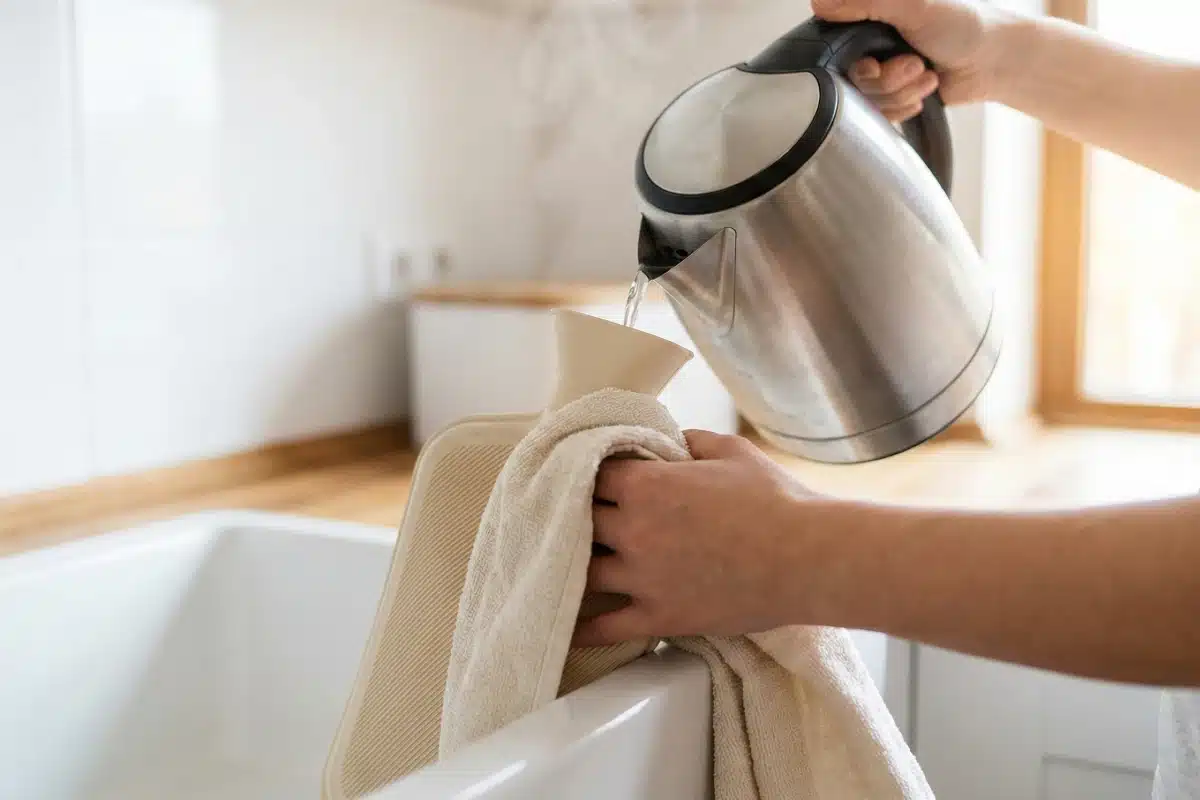 personne remplissant une bouillote à eau en sécurité