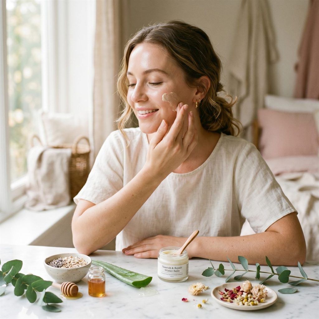 Femme appliquant un soin naturel sur sa peau pour la réparer après l’hiver