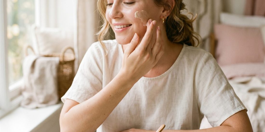 Femme appliquant un soin naturel sur sa peau pour la réparer après l’hiver