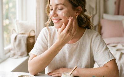 Femme appliquant un soin naturel sur sa peau pour la réparer après l’hiver